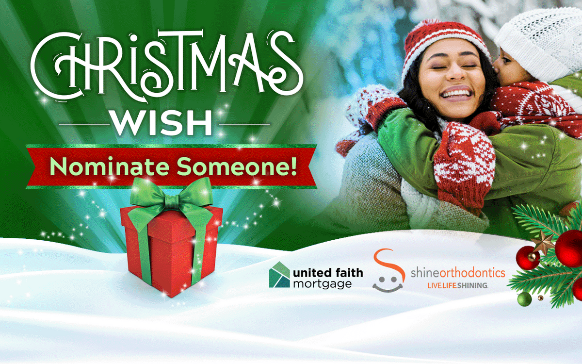 Woman smiling while holding a child kissing her with text "Christmas Wish Nominate Someone!" 